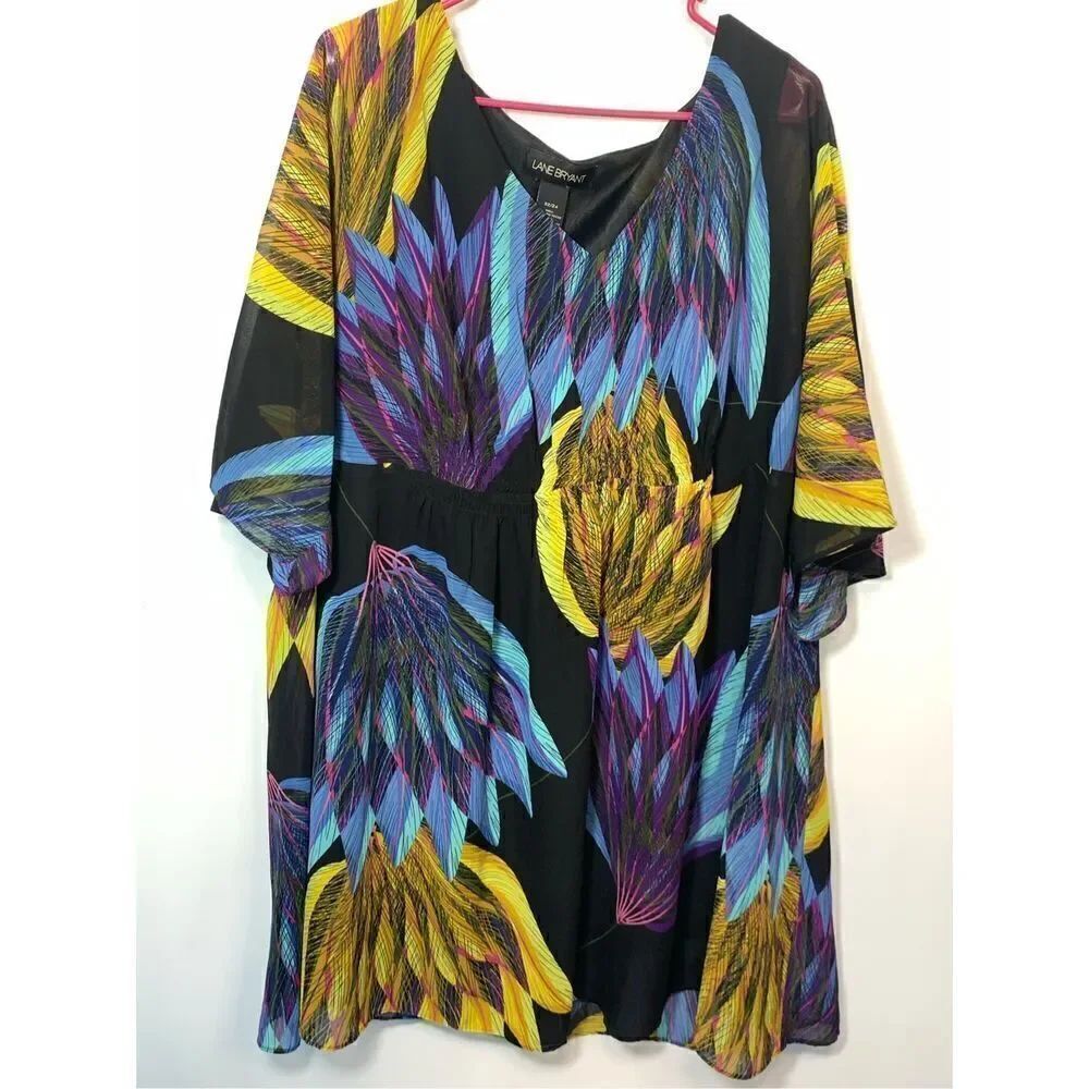 Lane Bryant Women's Feather Print V-Neck Semi Sheer Mini Shift Dress Multi 22/24